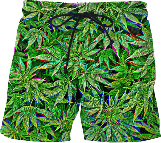 Weed Swim Shorts, neon green tropical print with black drawstring tie front