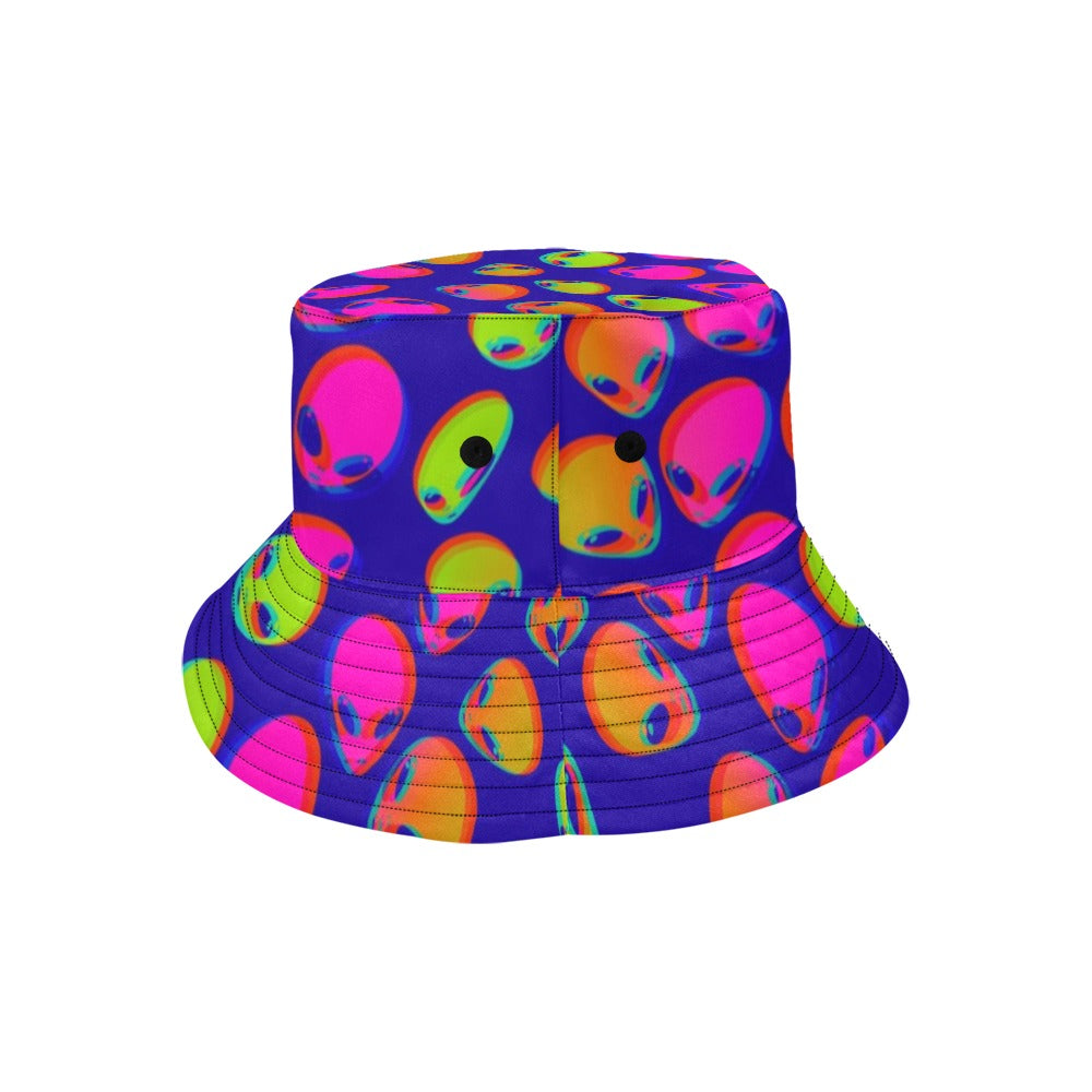 Bucket hat top view: purple with neon alien-face pattern and rounded crown