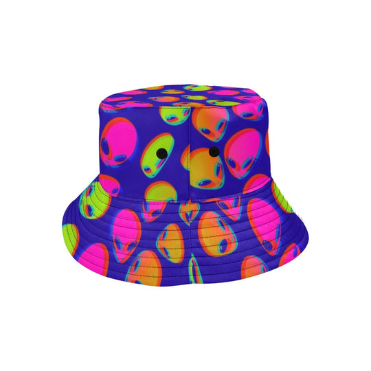 Bucket hat top view: purple with neon alien-face pattern and rounded crown
