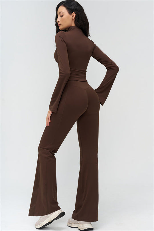 Bistre side view: flared high-waist leggings with long-sleeve zip jacket, brown