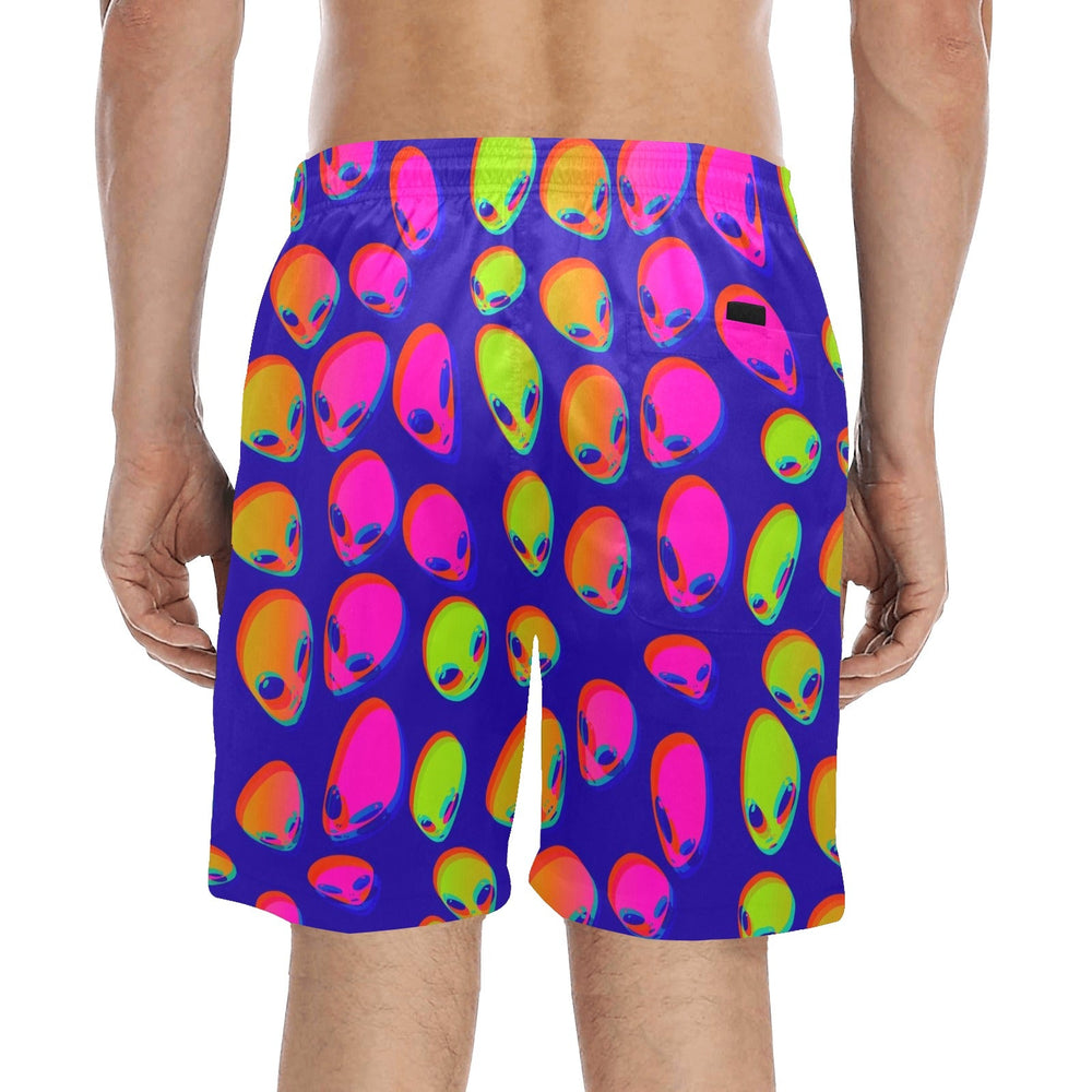 Neon alien blast swim shorts back view, purple with colorful alien faces pattern