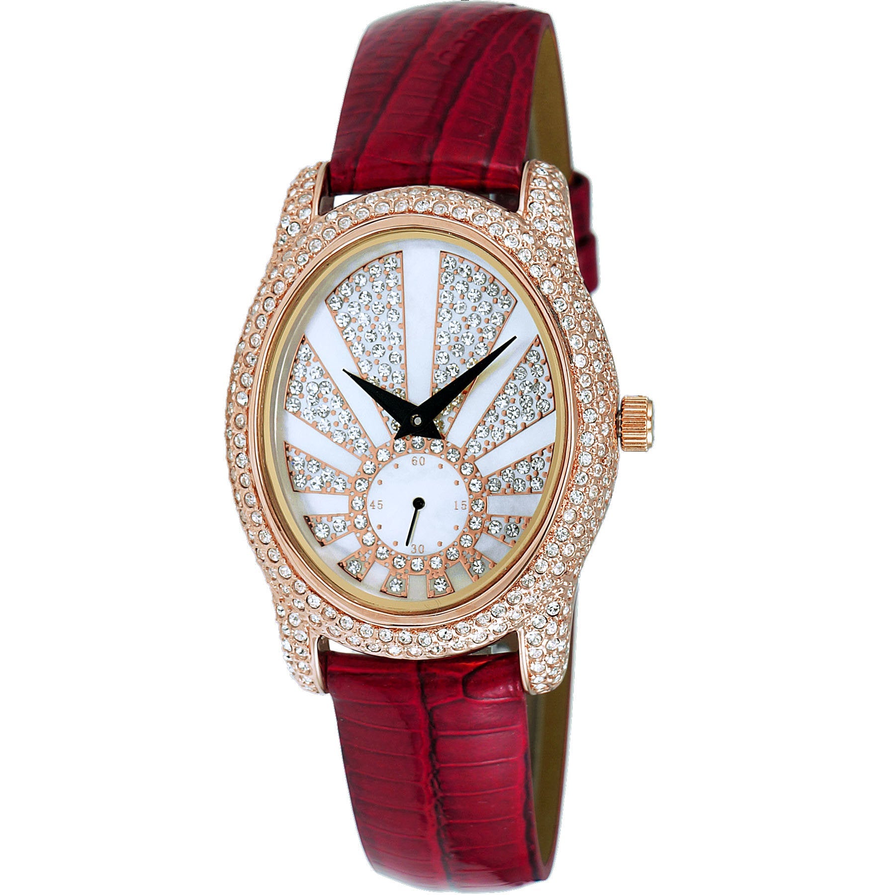 Adee Kaye Damen Flushy: rote Lederarmbanduhr mit funkelnder Steinumrandung