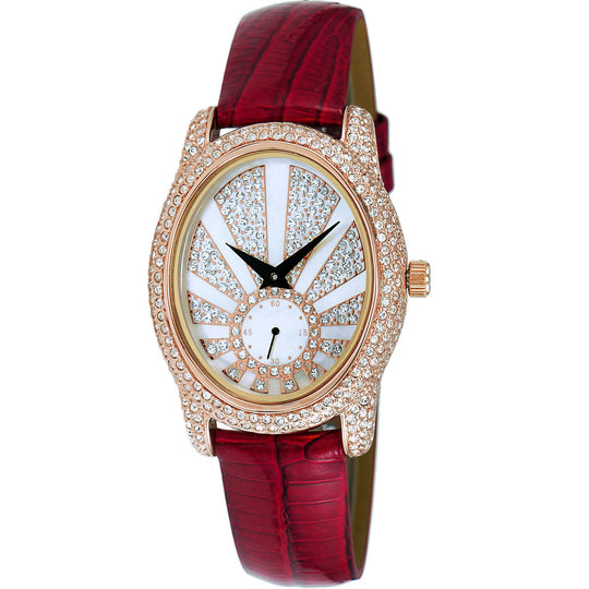 Adee Kaye Damen Flushy: rote Lederarmbanduhr mit funkelnder Steinumrandung