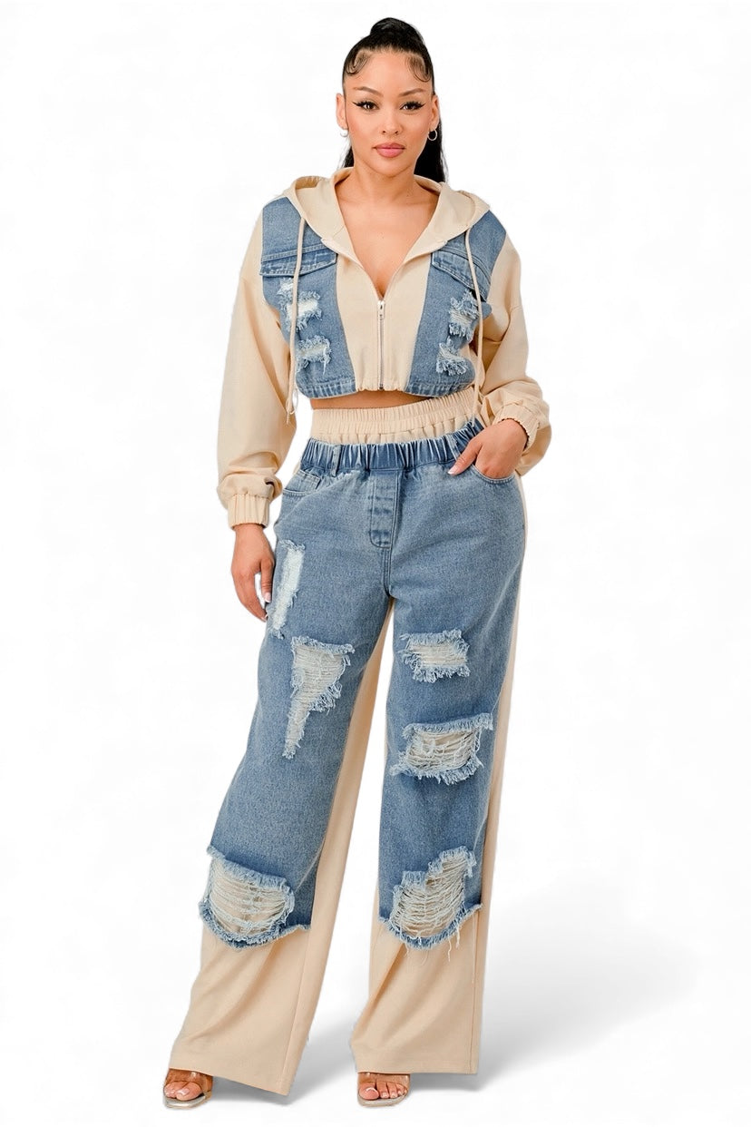 Denim patchwork hoodie &amp; wide-leg pants set, blue distressed panels with beige sections