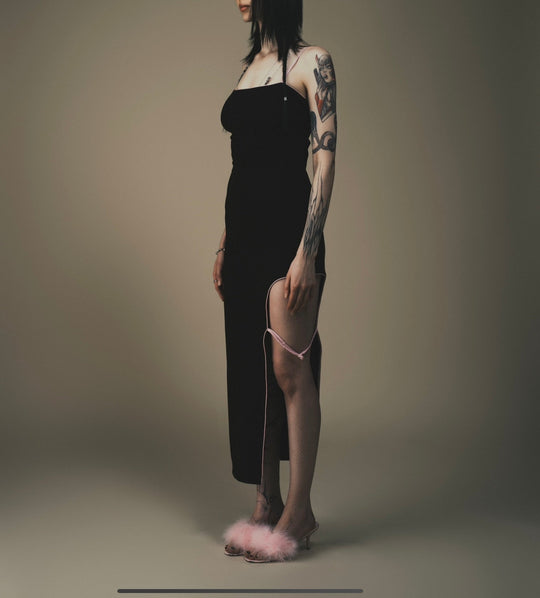 Gao cutout maxi dress, black side view with high leg slit and tie-strap detailing