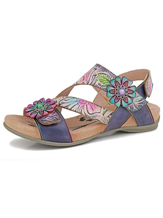 Soleil boho leather sandals, purple and tan base with turquoise and pink flower accents