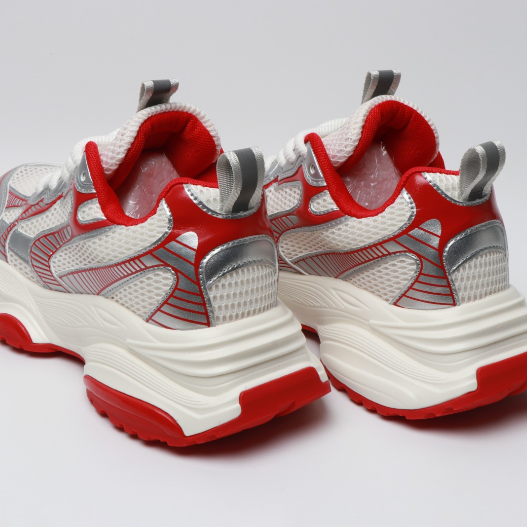 Enzo Motion X Infrared sneakers: padded tongue, red inner lining, chunky white sole