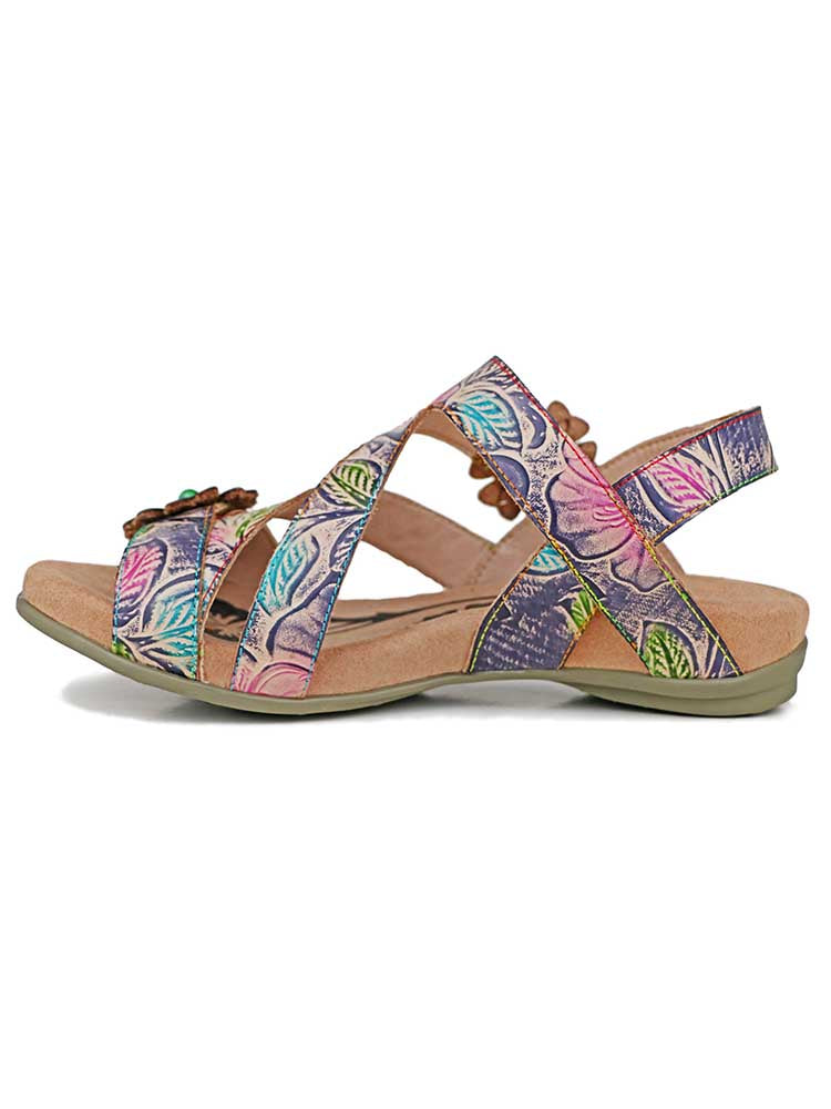 Soleil boho sandals, multicolor leaf print leather straps with decorative flower details