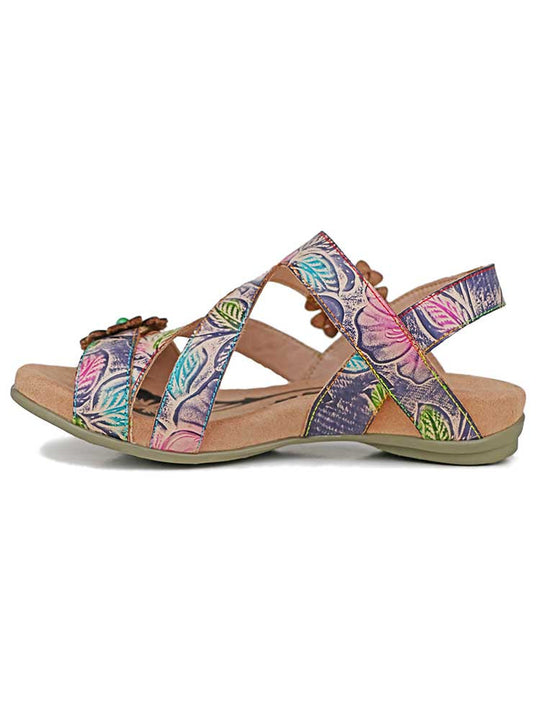 Soleil boho sandals, multicolor leaf print leather straps with decorative flower details