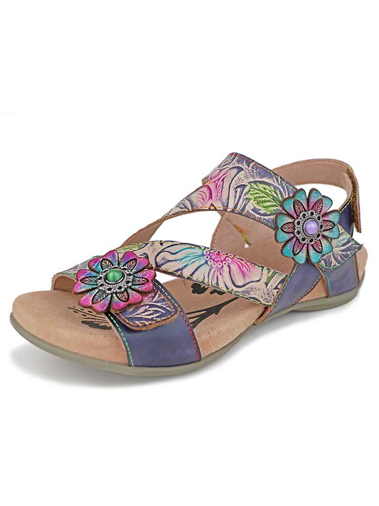 Soleil boho leather sandals in purple with floral gem embellishments and cross straps