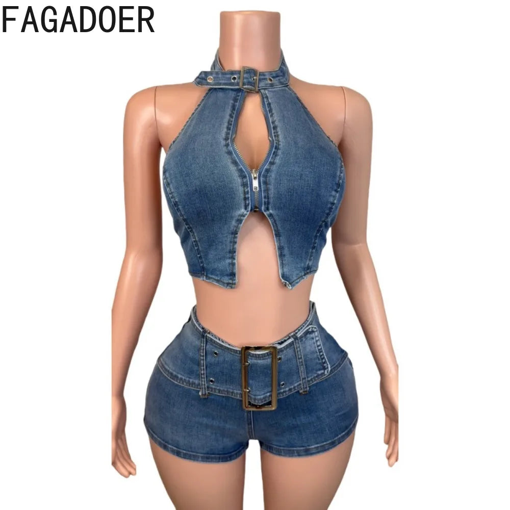 Front view of sky blue denim halter crop top with zipper and open center cutout