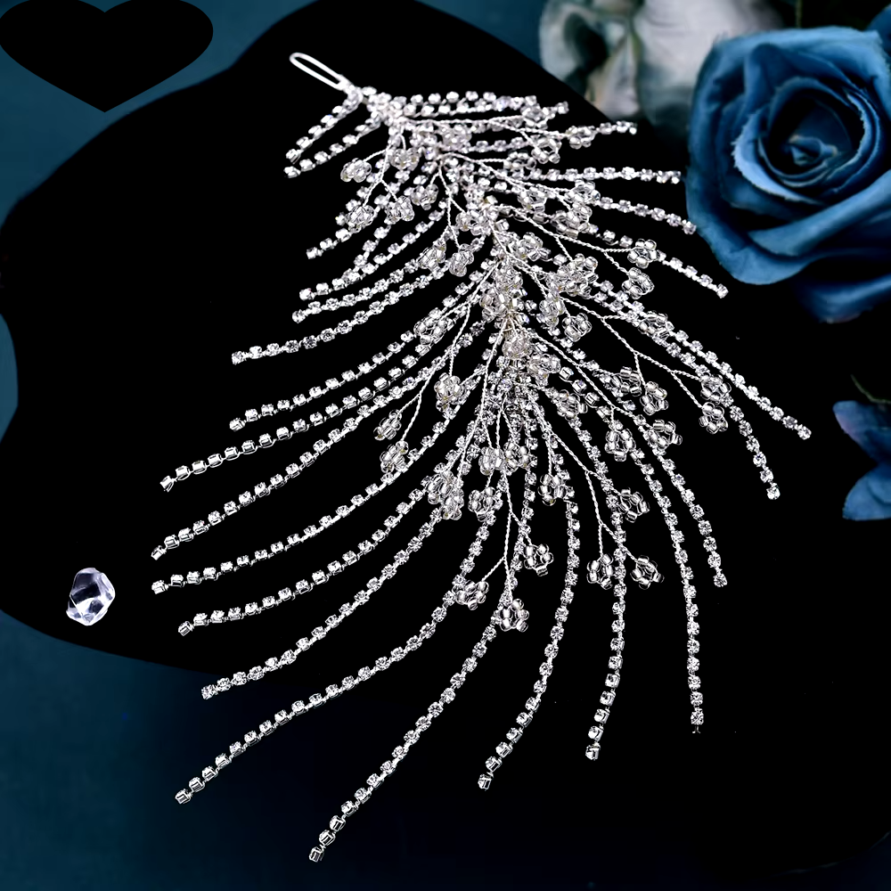 Silver crystal tiara headband with ornate rhinestone center and long hanging strands