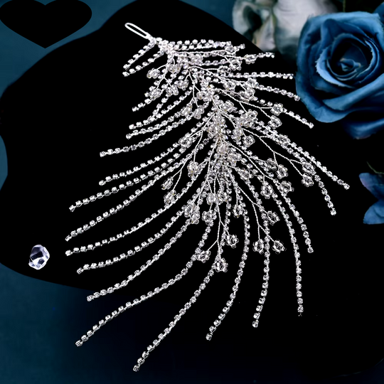 Silver crystal tiara headband with ornate rhinestone center and long hanging strands