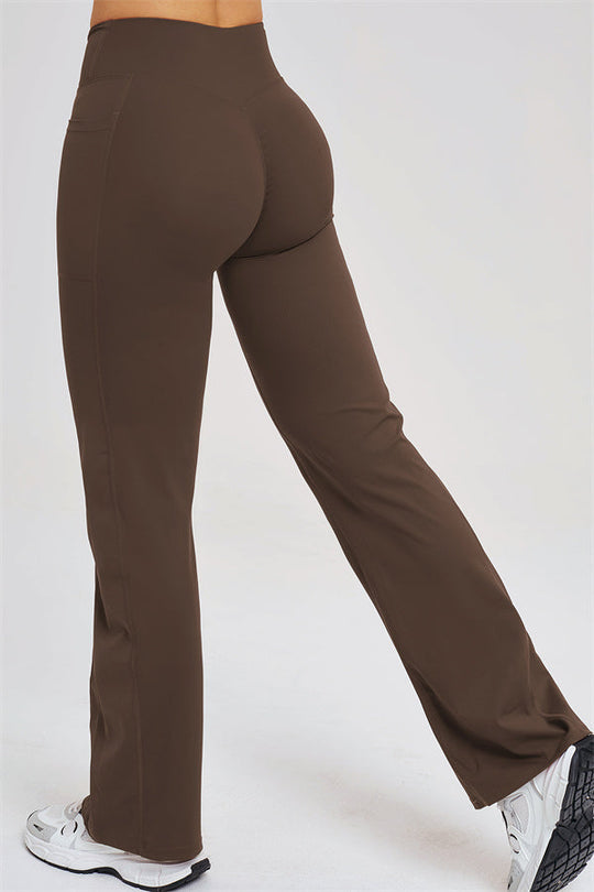 Taupe high-waist flared leggings with smooth seams and wide bell-legs