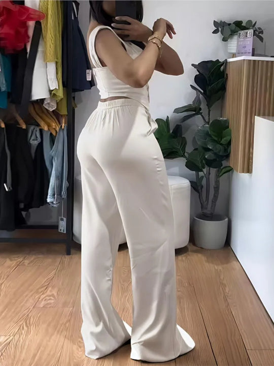 Chic Women Suit Y2k Sexy Two Piece Set Summer Sleeveless Slim Vest And Wide-leg Trouser Sets Elegant Solid Pants Women&