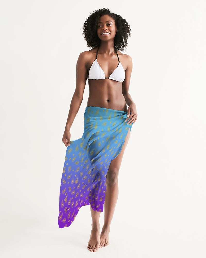Peacock henna swim cover-up sarong, turquoise-to-purple paisley print
