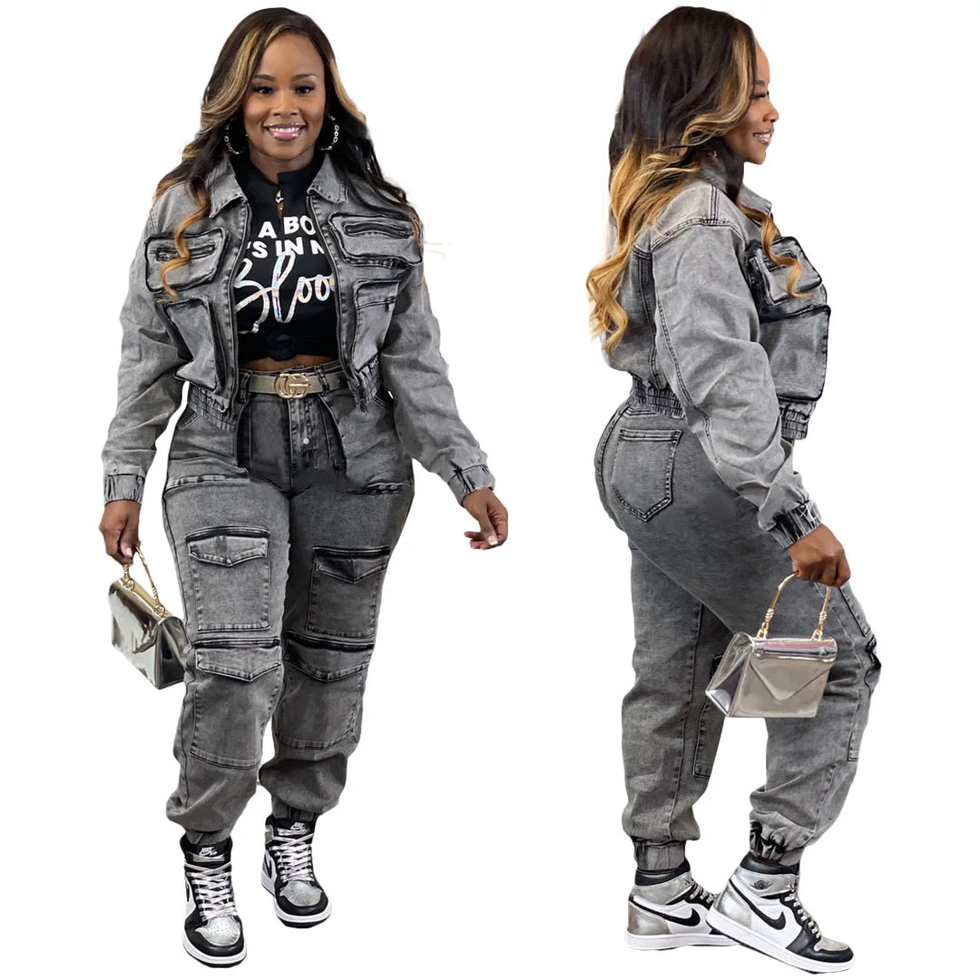 Women dark gray denim tracksuit: zip jacket and cargo ankle pants with pockets