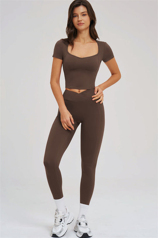 Taupe active 2-piece set with fitted tee top and streamlined high-rise leggings