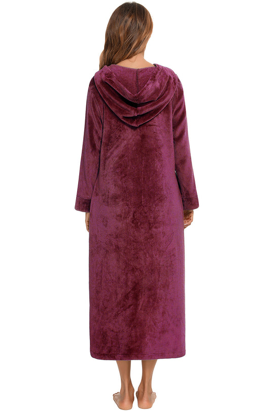 Back view zip hood nightdress, burgundy velvet-like fabric
