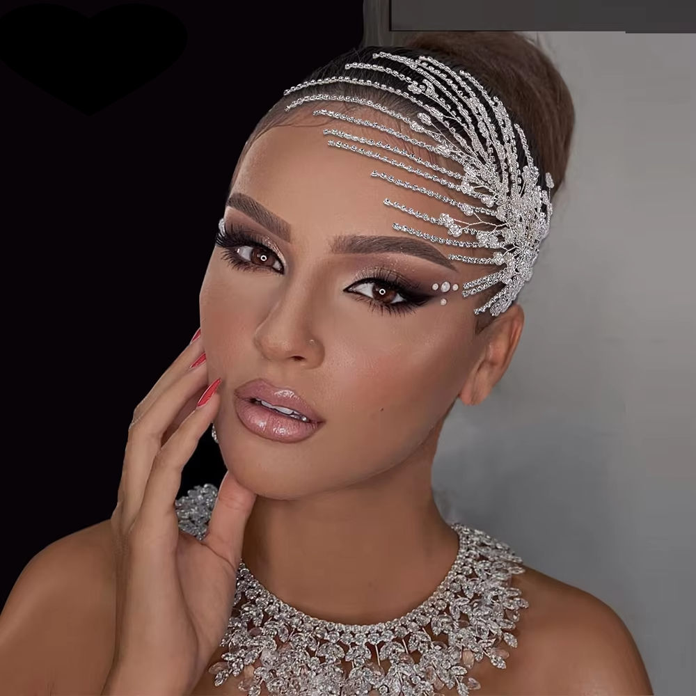 Bridal crystal tiara headband in silver tone with rhinestone strands across hairline