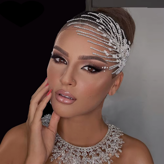 Bridal crystal tiara headband in silver tone with rhinestone strands across hairline