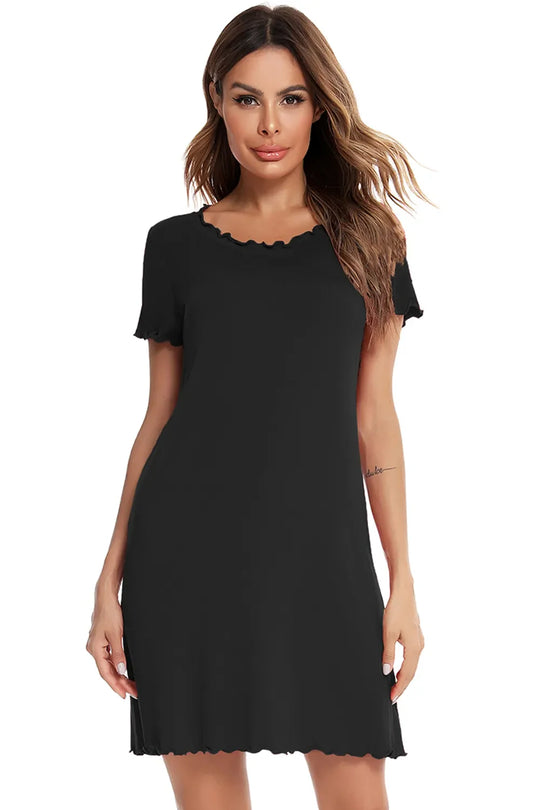 Black round-neck short-sleeve lounge dress with scalloped neckline and cuffs