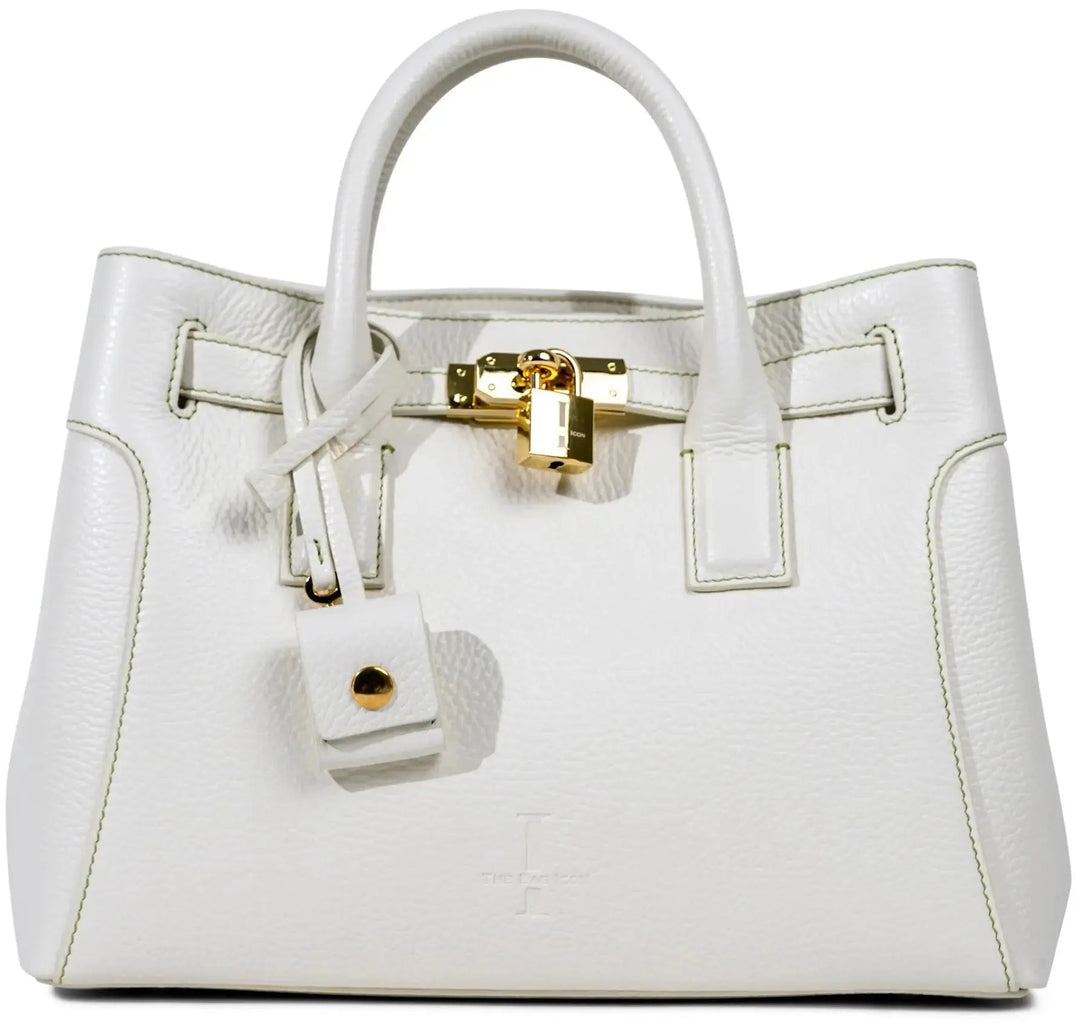 THE SHARON CLAUDIA Handtasche, cremefarbenes Leder, goldfarbener Schlossriegel vorn