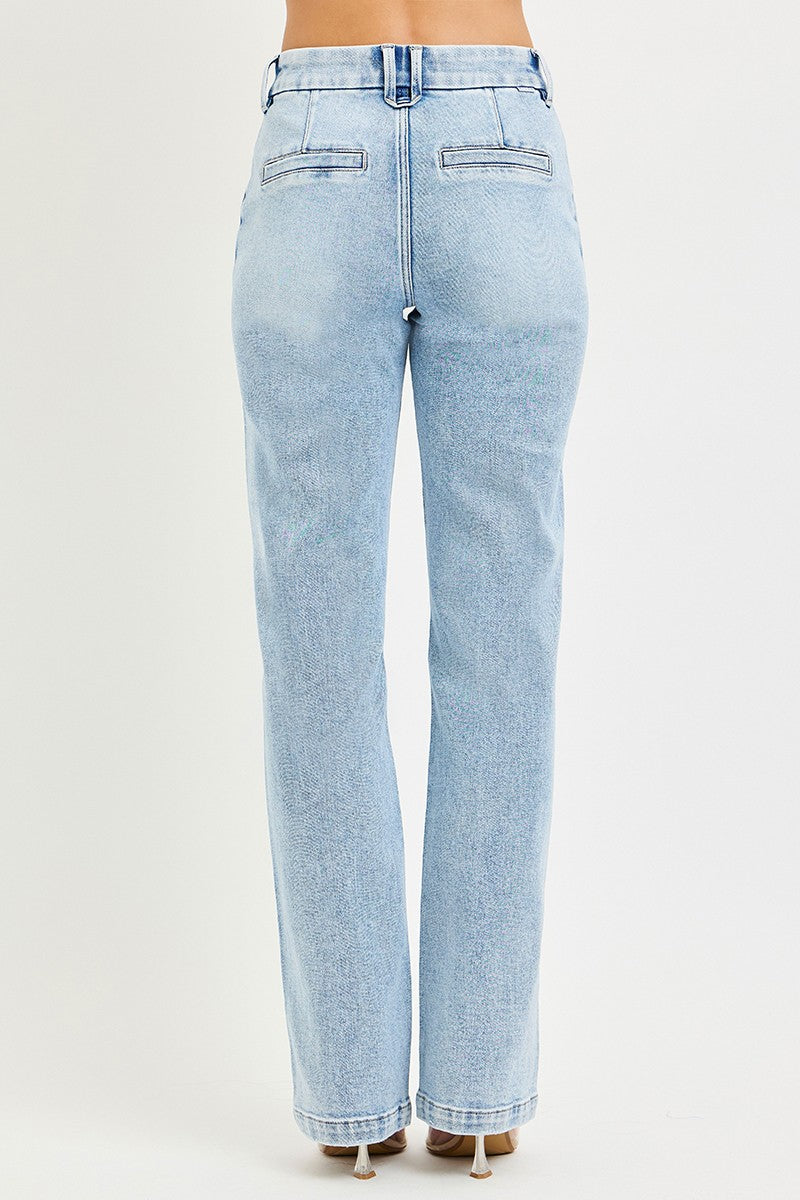 Light-wash straight jeans with back yoke, patch pockets, and high-rise waist