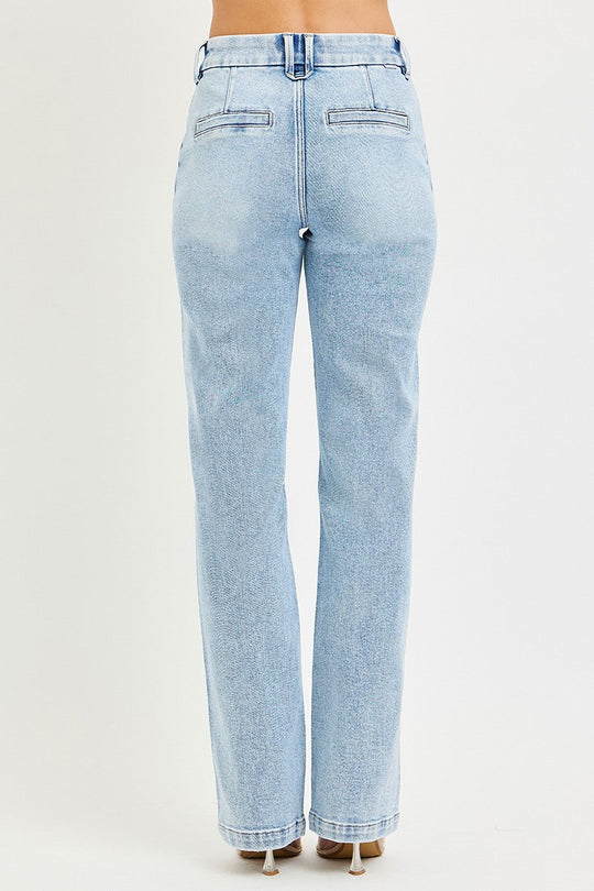 Light-wash straight jeans with back yoke, patch pockets, and high-rise waist