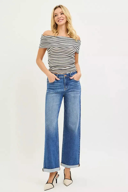 High rise relaxed straight jeans, medium wash blue with ankle cuffs