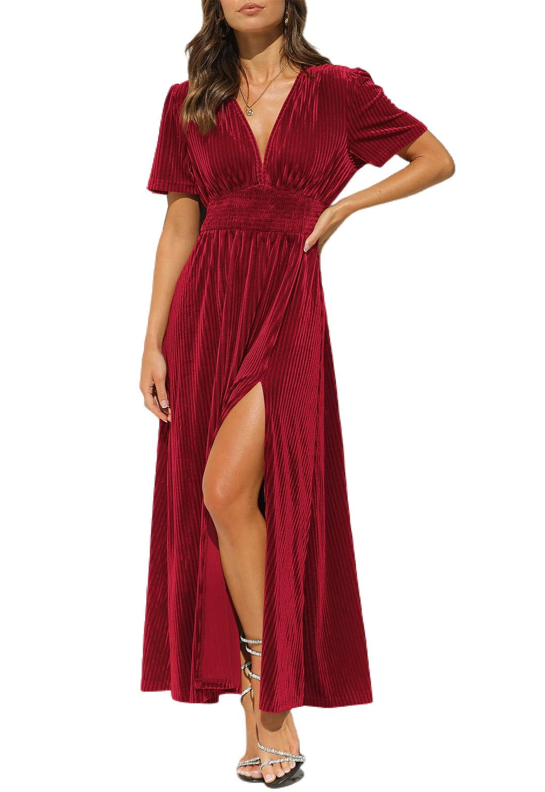 Red velvet maxi dress with V-neck, short puff sleeves, side slit
