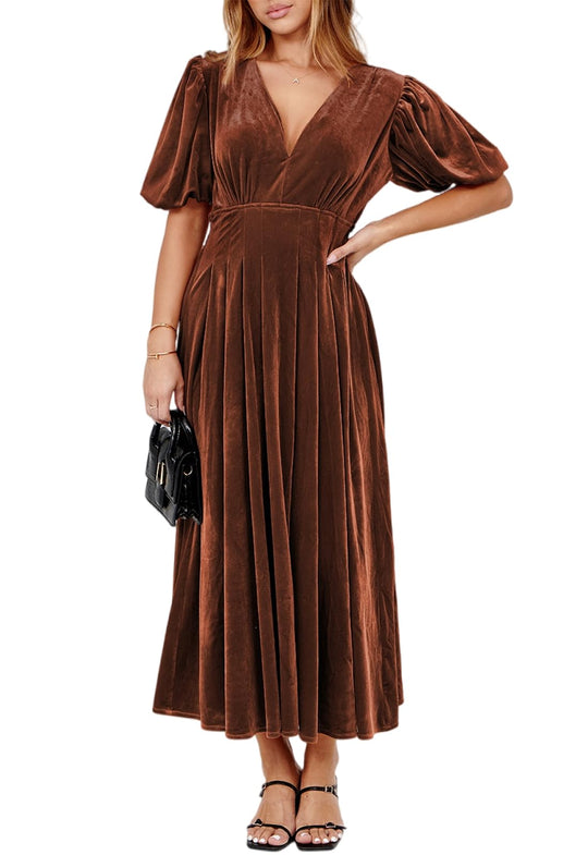 Brown velvet maxi dress with V-neck and short puff sleeves, gathered waist