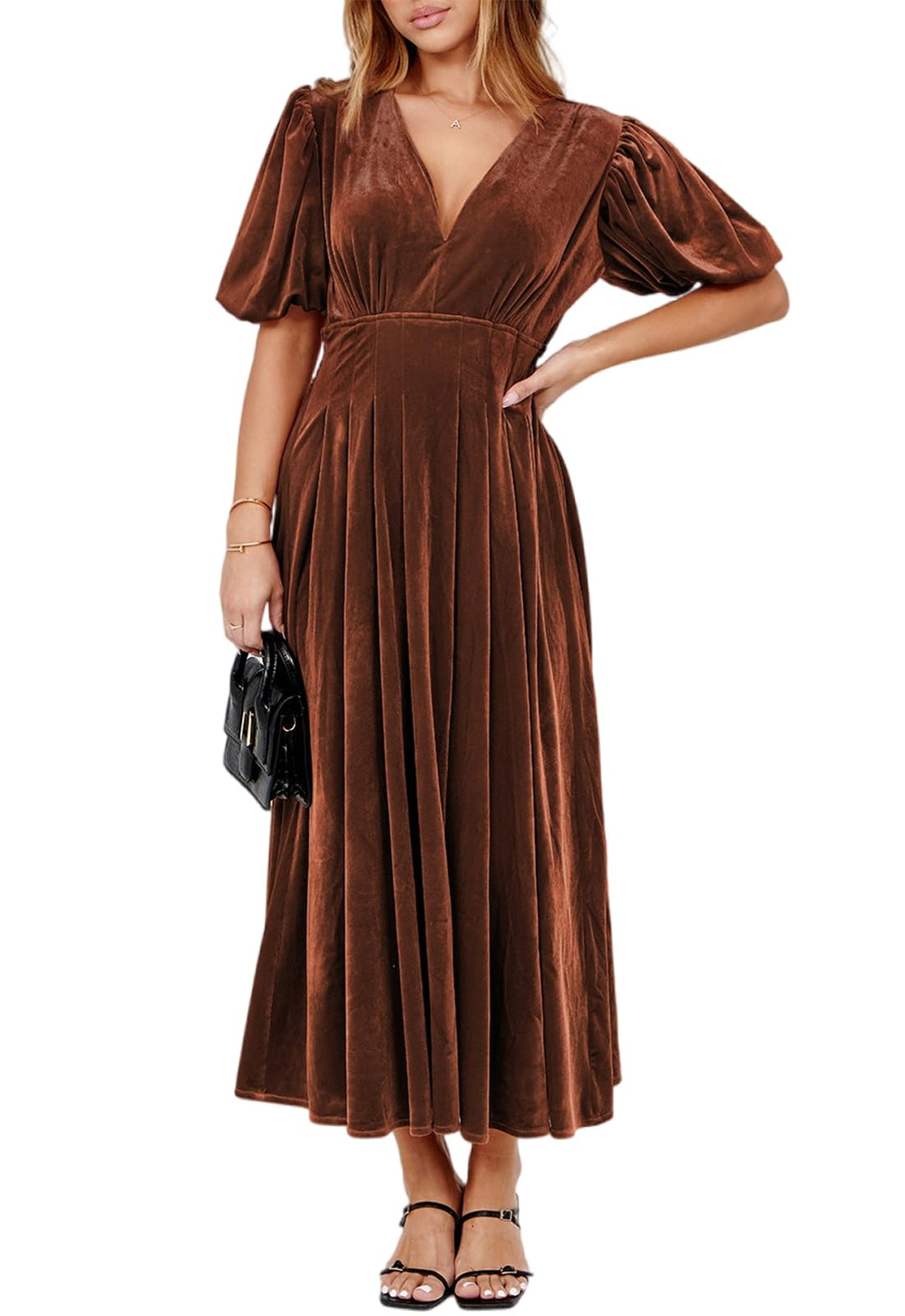 Velvet maxi dress in rich brown, V-neck, puff sleeves, cinched waist, pleated midi length