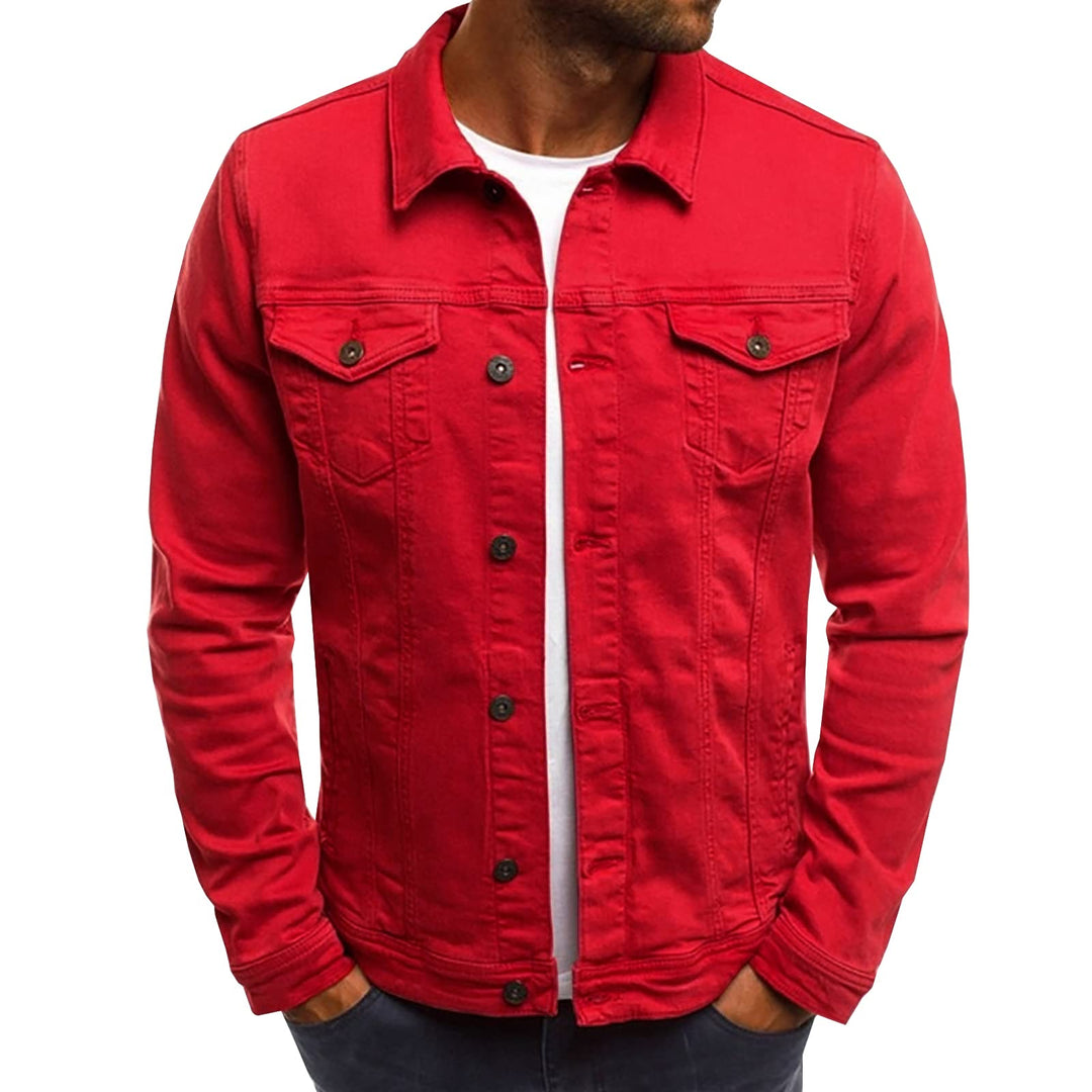 Red slim denim jacket with button placket and chest flap pockets