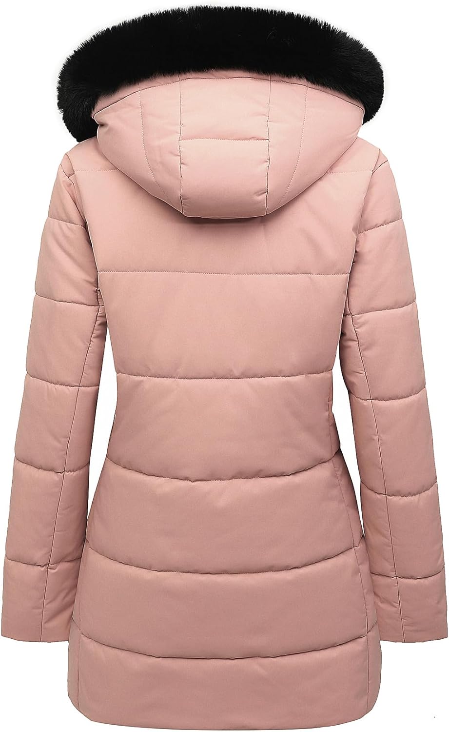 Women’s pink parka from back view with black faux-fur hood trim and quilted padding
