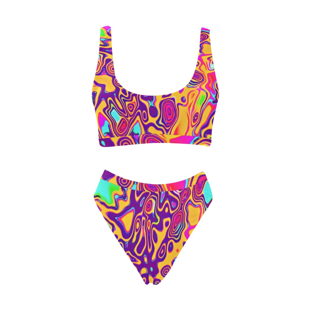 Flat lay: psychedelic sports-bra top and matching high-waisted bikini bottoms