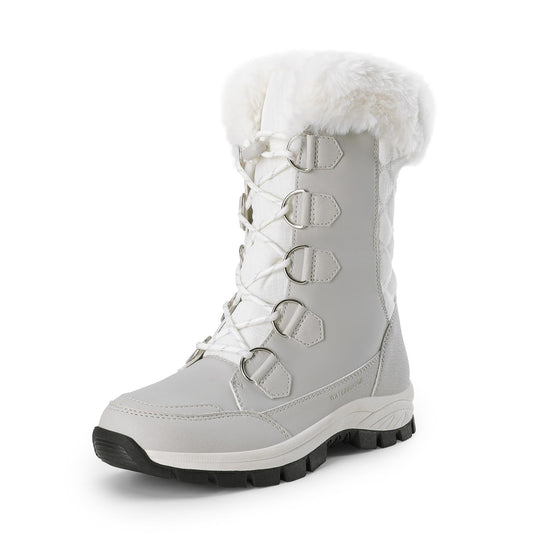 White waterproof winter snow boots with faux fur trim and lace-up metal ring eyelets
