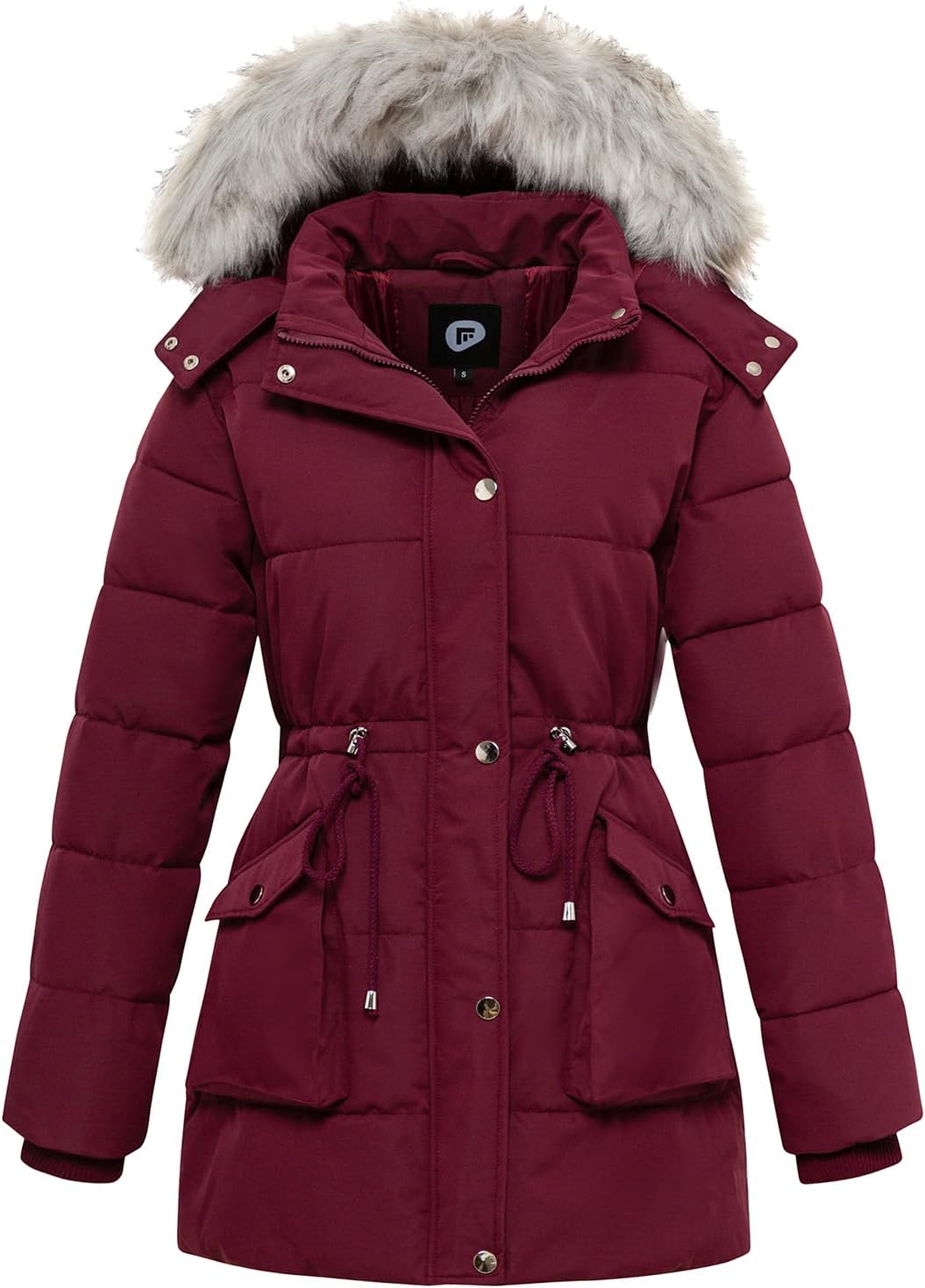 Wine-red hooded puffer coat with faux-fur trim, drawstring waist, button front