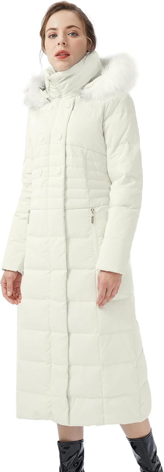 White long puffer down jacket with fur-trim hood and front zipper