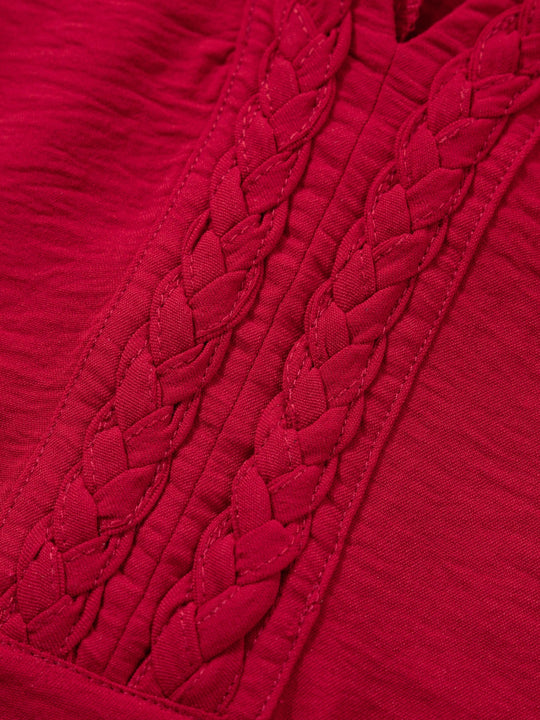 Close-up of Deep Red braided embroidery panel on V-neck half-sleeve blouse