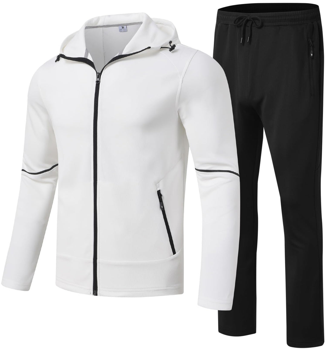 White zip-up hoodie jacket and jogger pants with black drawstring and side zip pockets