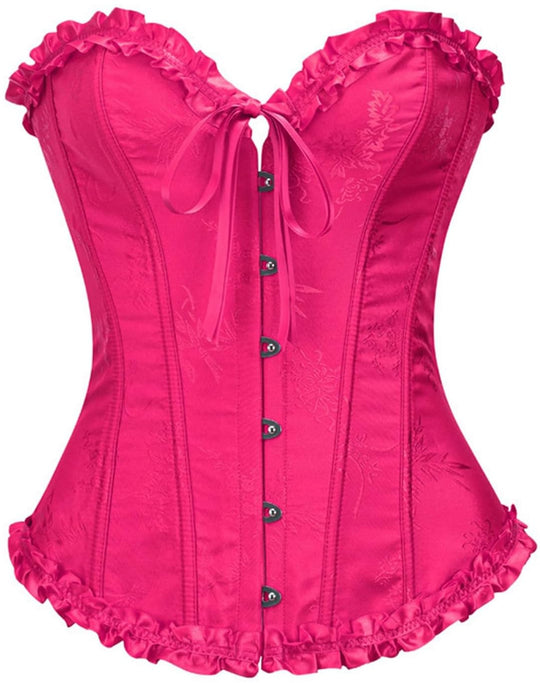 Hot pink satin corset bodysuit with front hook-and-eye closure and ruffled hem