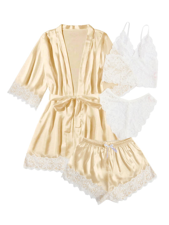 WDIRARA satin pajama set: cream robe, lace cami &amp; shorts, 4-piece