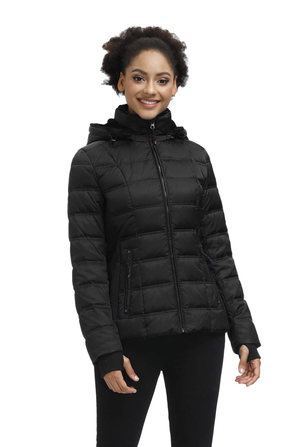 SLOW DOWN padded puffer jacket, black, zip-front and hooded collar
