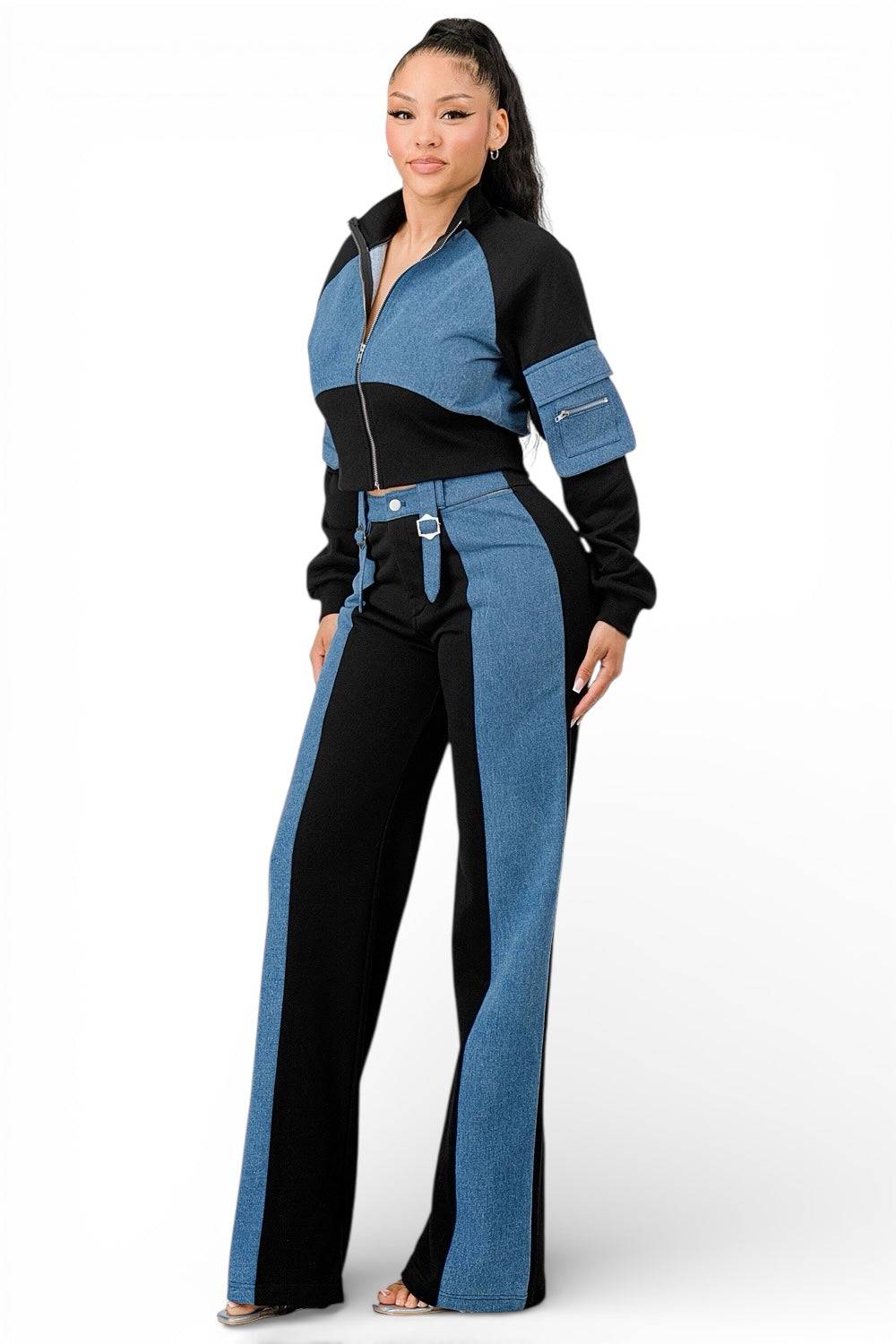 Crop-Jeansjacke, Zip vorne; weite Jeanshose schwarz/blau Kontrast
