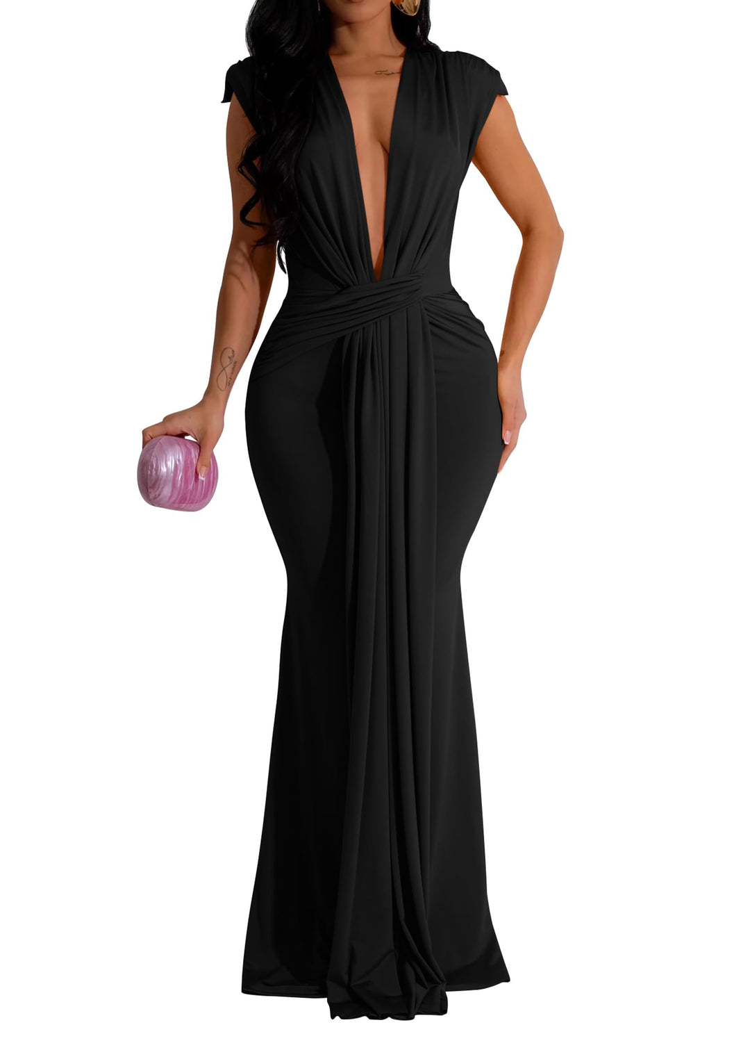 Black deep V evening gown with side draping and long column skirt
