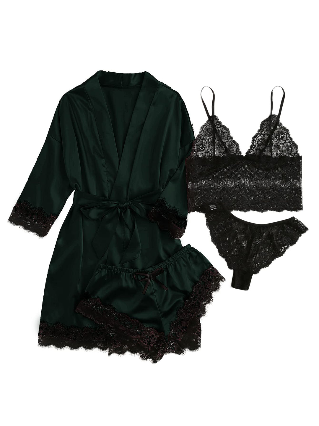 Seiden-Satin Schlafanzug-Set, dunkelgrün mit schwarzer Spitze: Bademantel, Cami, Shorts, String
