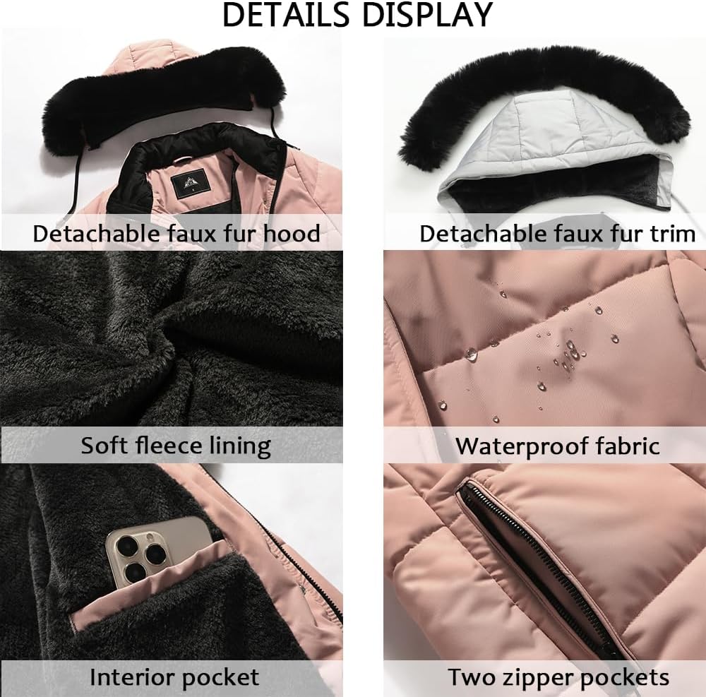 Pink puffer coat details: detachable faux-fur hood, fleece lining, and two zip pockets
