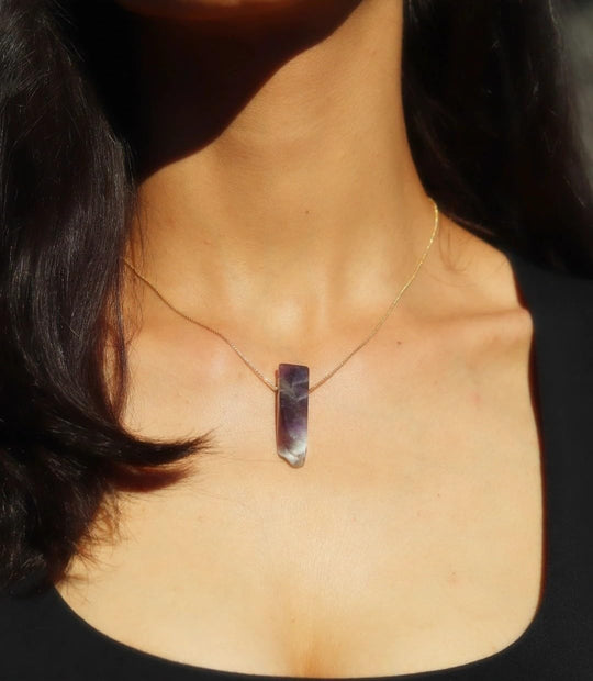 Gold chain necklace with vertical amethyst crystal bar pendant