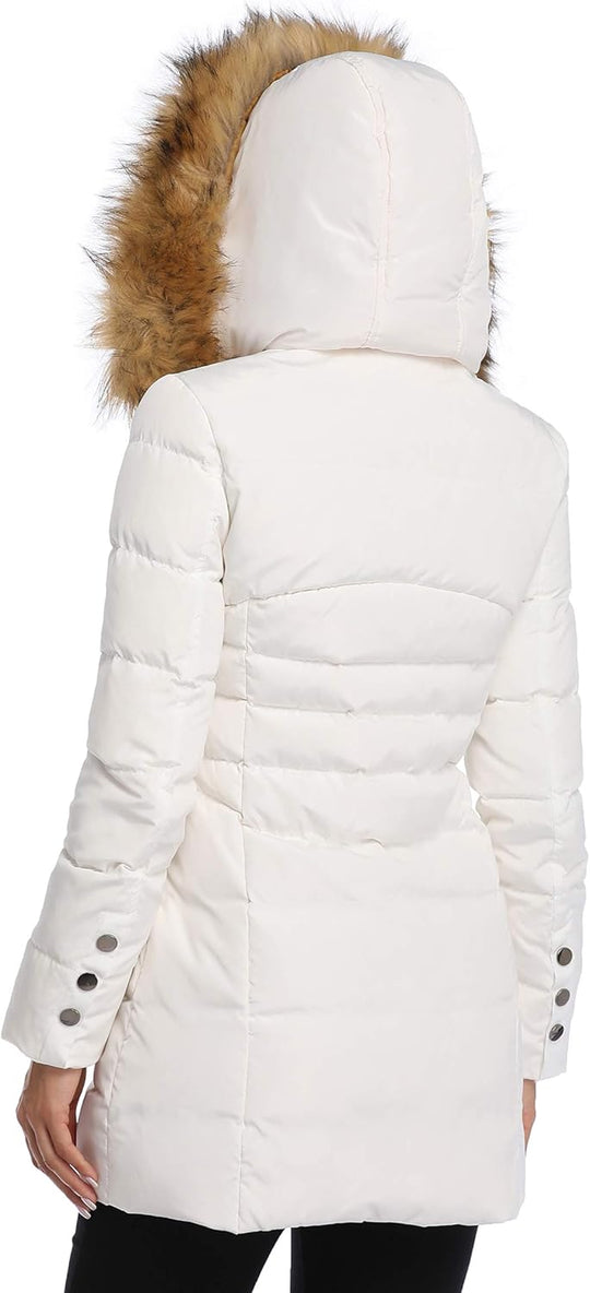 White puffer down jacket back view with fur-lined hood and quilted padded panels